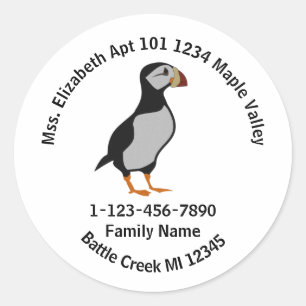 Horned Puffin Standing Cartoon Family Home Address Classic Round Sticker