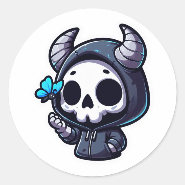Horned Skull with Blue Butterfly Classic Round Sticker (Front)