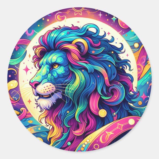 Horoscope sign Leo | Colourful Lion Art Classic Round Sticker (Front)