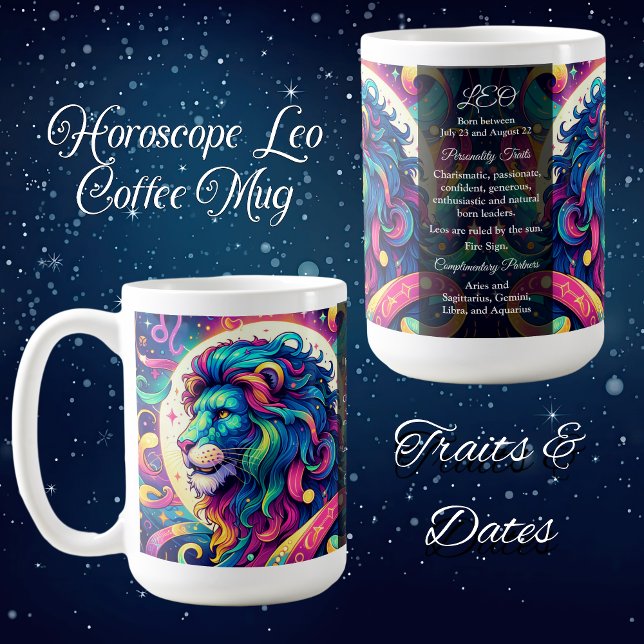 Horoscope sign Leo info | Colourful Lion Art Coffee Mug (Creator Uploaded)