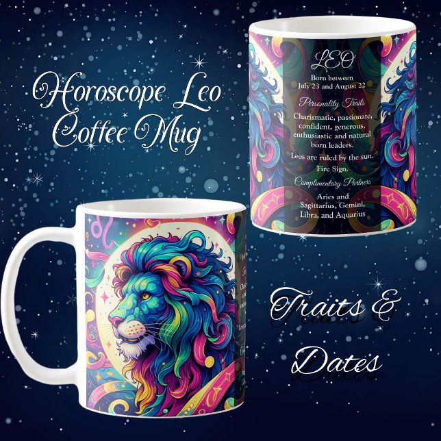 Horoscope sign Leo info | Colourful Lion Art Coffee Mug (Creator Uploaded)