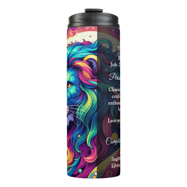 Horoscope sign Leo info | Colourful Lion Art Thermal Tumbler (Front)