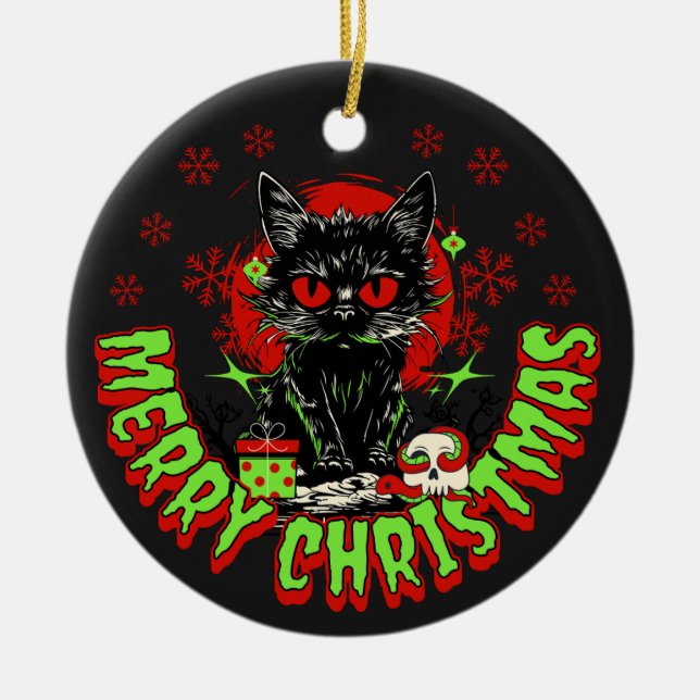 Horror Fan Christmas Cat Ceramic Ornament (Front)