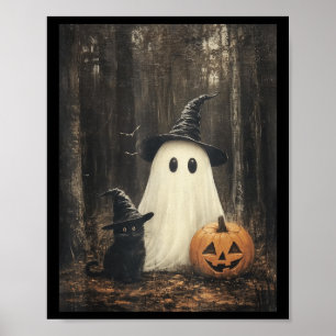Horror Funny Witchy Ghost And Black Cat In Forest  Poster