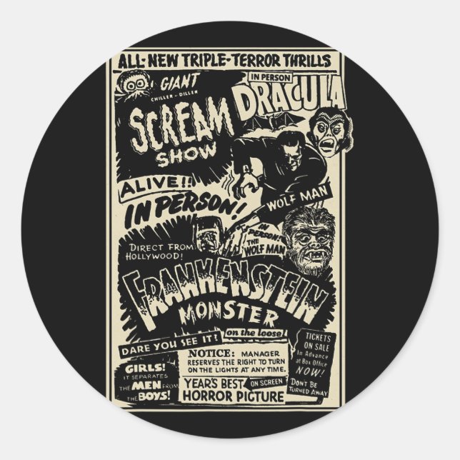 Horror Movie Monster Mummy Dracula Werewolf Franke Classic Round Sticker (Front)