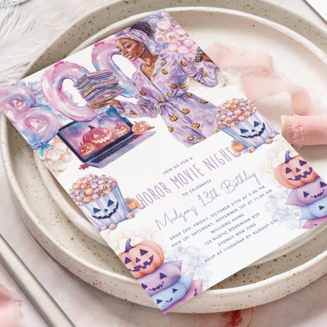 Horror Movie Night Afro Halloween Slumber Birthday Invitation (Creator Uploaded)