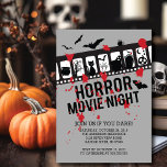 Horror Movie Night Filmstrip Halloween Party Invitation<br><div class="desc">Spooky Horror movie invitation black & white filmstrip with a black cat,  tombstone,  jack o lantern,  ghost & flying bats set on a blood splattered grey background.</div>