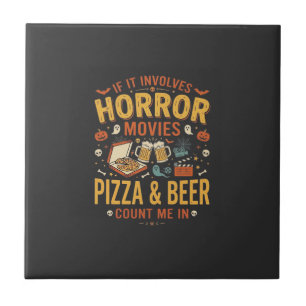 Horror Movies Pizza Beer Halloween Design_1 Ceramic Tile