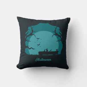 Horror Night Witch Setting against Full Moon Cushion