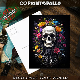 Horror Skull and skeleton with flowers Postcard