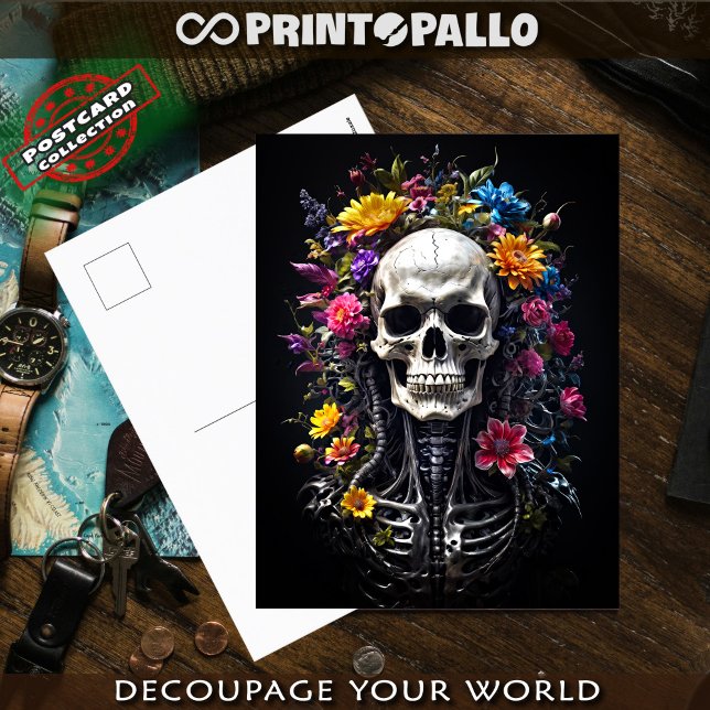 Horror Skull and skeleton with flowers Postcard (Creator Uploaded)