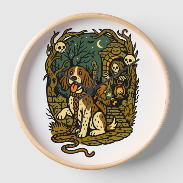 Horror Spooky Skeleton Dog Aesthetic Clock (Front)