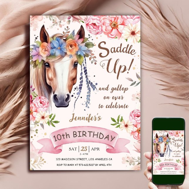 Horse 10th Birthday Girl Boho Flowers Saddle Up Invitation (Creator Uploaded)