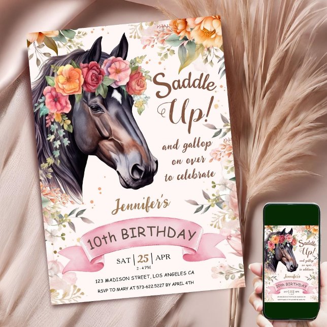 Horse 10th Birthday Girl Floral Cowgirl Saddle Up Invitation (Creator Uploaded)