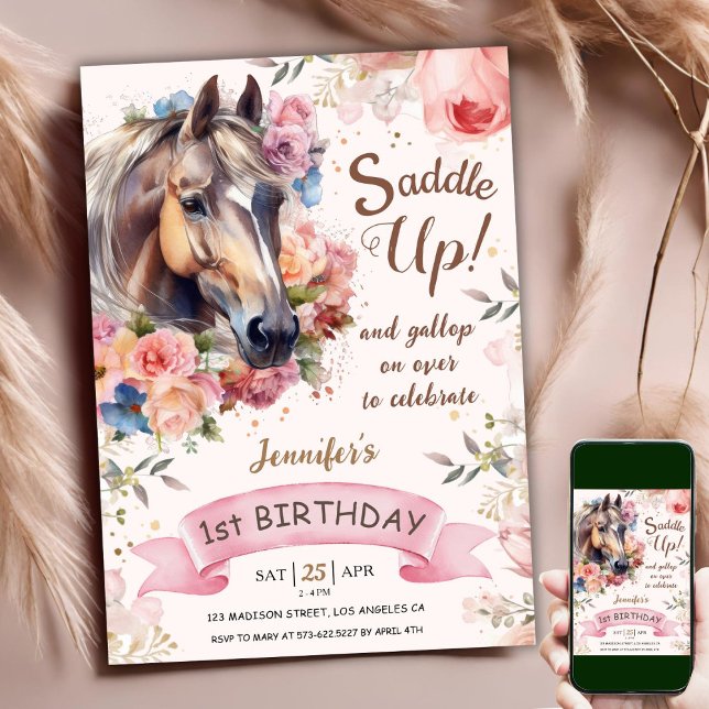 Horse 1st Birthday CowGirl Pink Saddle Up!   Invitation (Creator Uploaded)