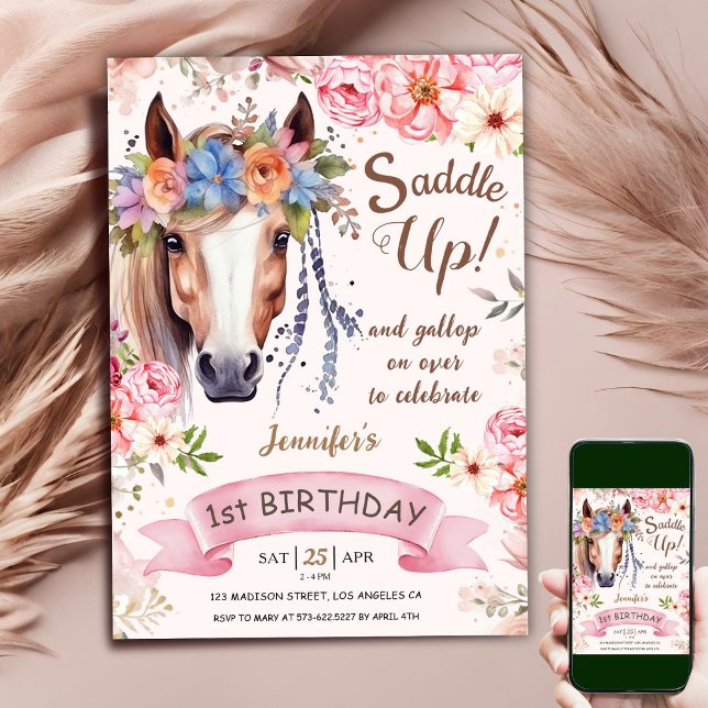 Horse 1st Birthday Girl Pink Floral Cowgirl  Invitation (Creator Uploaded)