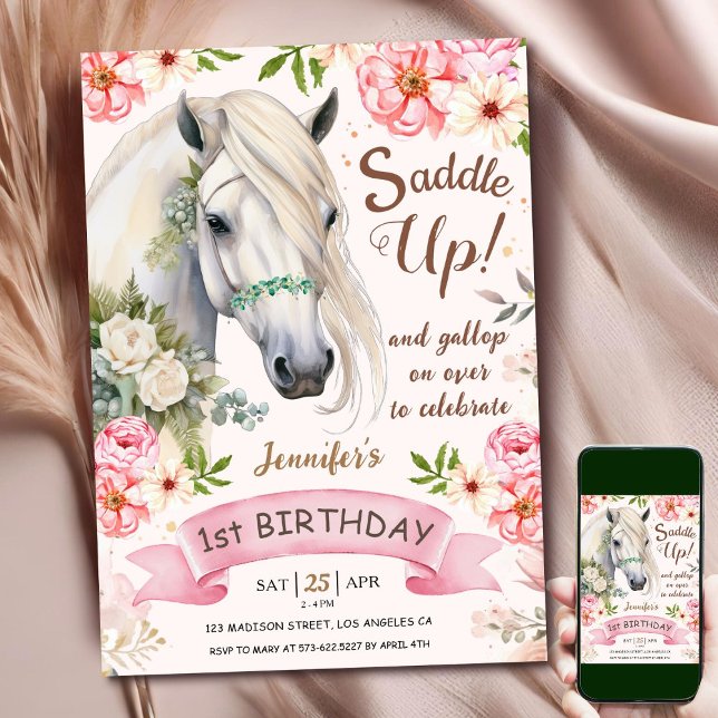 Horse 1st Birthday Girl Pink Floral Saddle Up Invitation (Creator Uploaded)