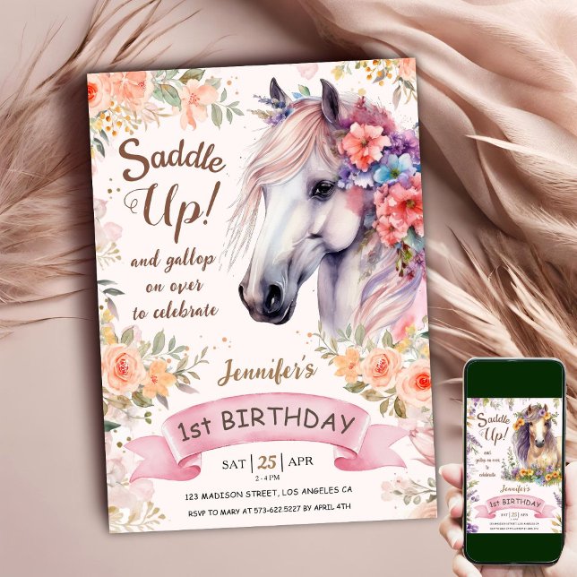 Horse 1st Birthday Girl Pink Flowers Saddle Up!  Invitation (Creator Uploaded)