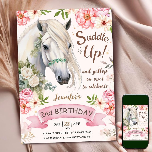 Horse 2nd Birthday Girl Pink Flowers Saddle Up Invitation (Creator Uploaded)