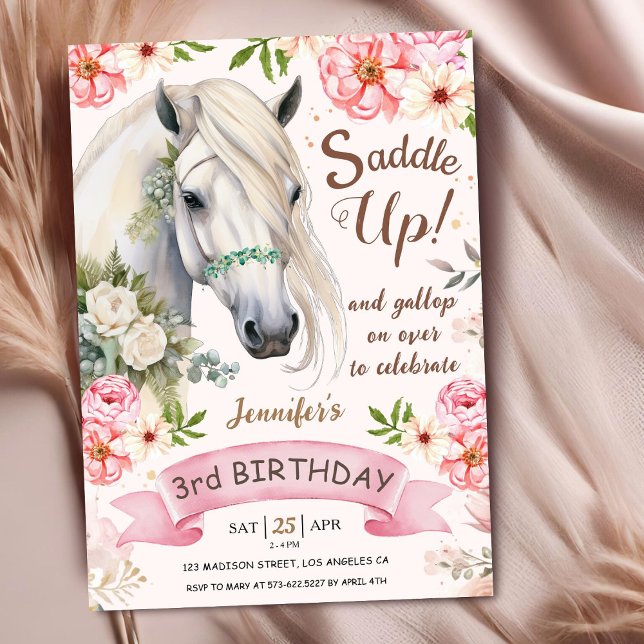 Horse 3rd Birthday Girl Pink Flowers Saddle Up Invitation (Creator Uploaded)