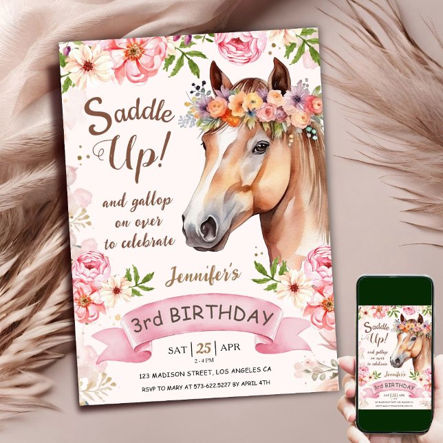 Horse 3rd Birthday Pink Rose Flowers Saddle Up Invitation (Creator Uploaded)
