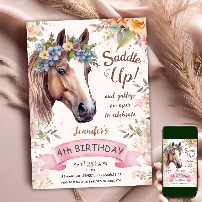 Horse 4th Birthday CowGirl Floral Saddle Up Invitation (Creator Uploaded)