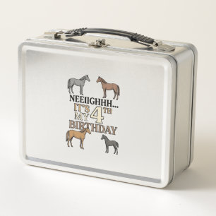 Horse 4th Birthday Vintage Engraving Kids Party De Metal Lunch Box