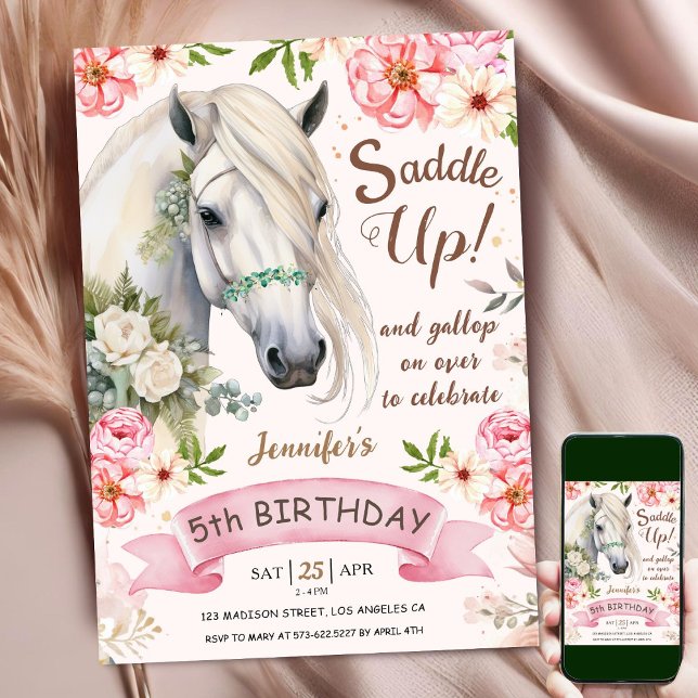 Horse 5th Birthday Girl Pink Flowers Saddle Up Invitation (Creator Uploaded)