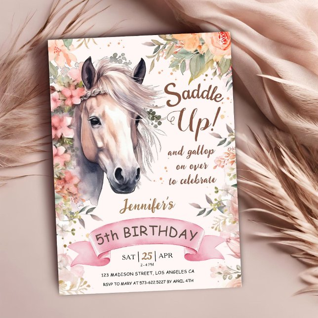 Horse 5th Birthday Girl Wild Floral Saddle Up Invitation (Creator Uploaded)