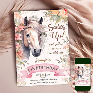 Horse 6th Birthday Girl Wild Floral Saddle Up Invitation
