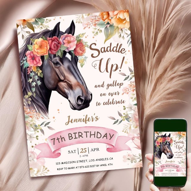 Horse 7th Birthday Cowgirl Pink Floral Saddle Up Invitation (Creator Uploaded)