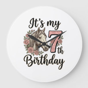 Horse 7th Birthday Girl Floral Vintage Shirt Desig Large Clock