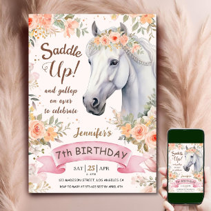 Horse 7th Birthday Girl Pink Flowers Saddle Up Invitation