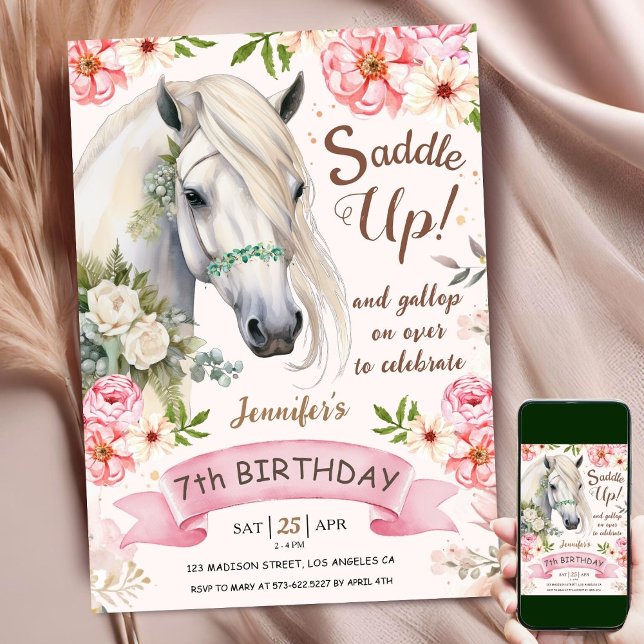 Horse 7th Birthday Girl Pink Flowers Saddle Up Invitation (Creator Uploaded)