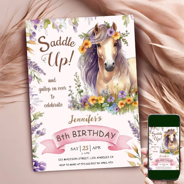 Horse 8th Birthday Girl Purple Floral Saddle Up Invitation (Creator Uploaded)