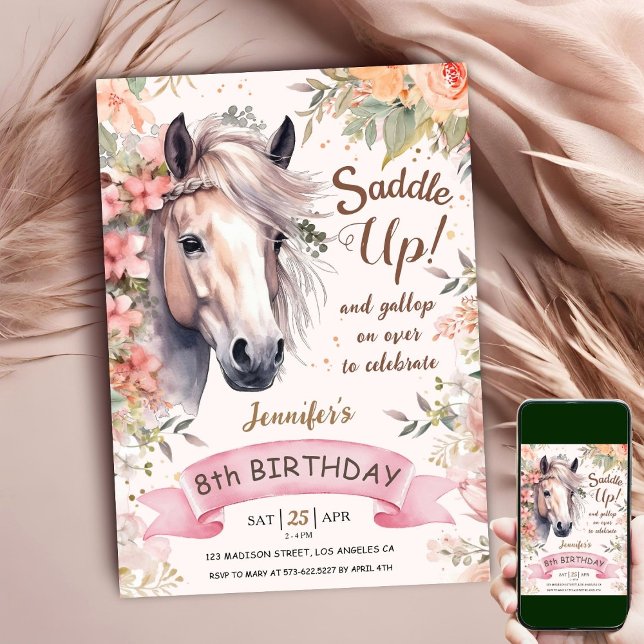 Horse 8th Birthday Girl Wild Floral Saddle Up Invitation (Creator Uploaded)