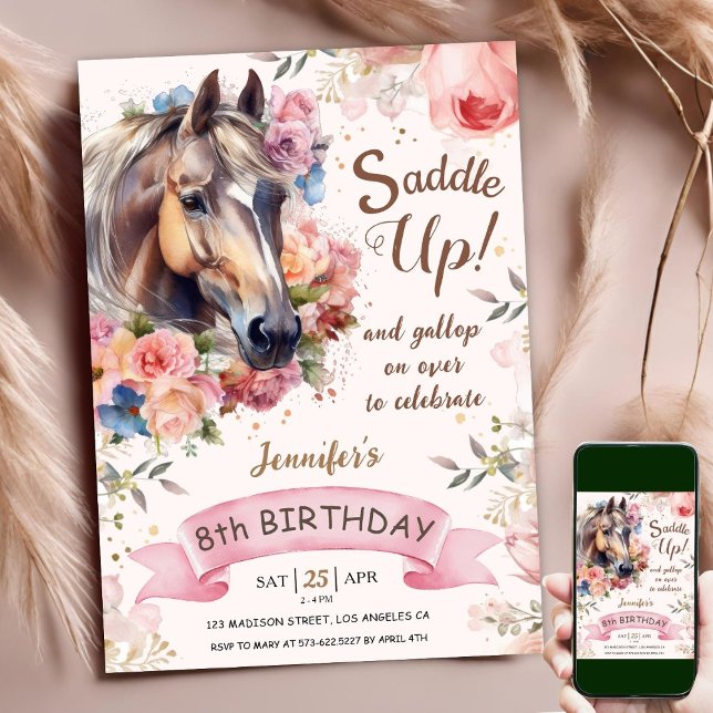 Horse 8th Birthday Pink Floral Girl Saddle Up Invitation (Creator Uploaded)