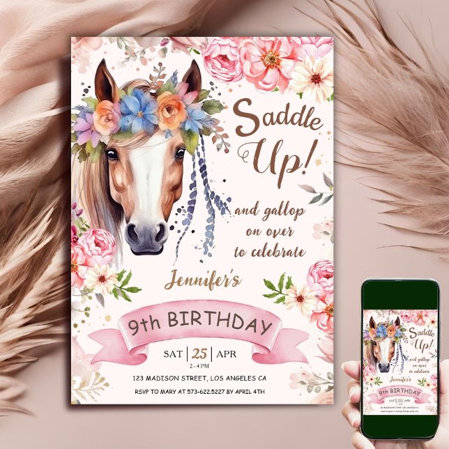 Horse 9th Birthday Boho Pink Flowers Saddle Up Invitation (Creator Uploaded)