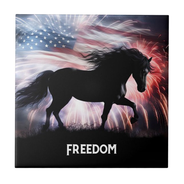 Horse American Flag and Fireworks Ceramic Tile (Front)