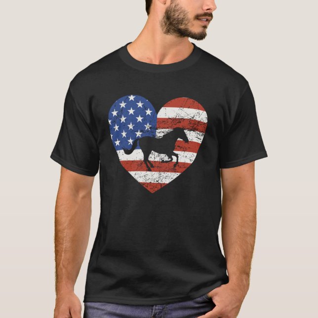 Horse American Flag Heart 4 th of July USA Patriot T-Shirt (Front)
