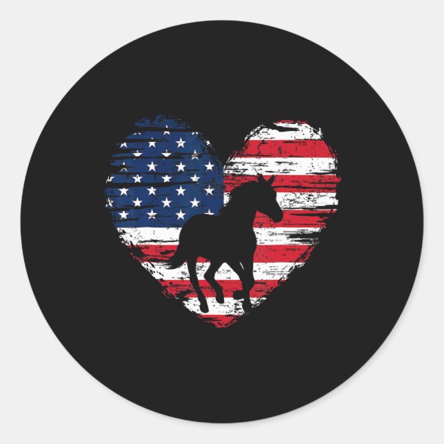 Horse American Flag Heart 4th Of July Usa Patrioti Classic Round Sticker (Front)