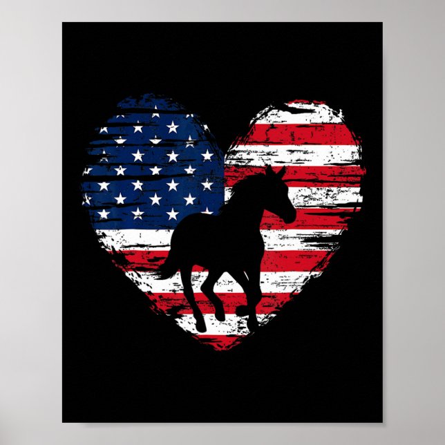 Horse American Flag Heart 4th Of July Usa Patrioti Poster (Front)
