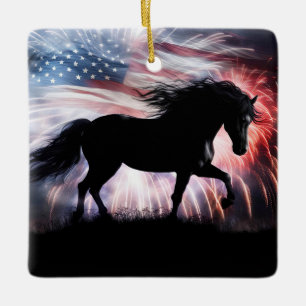 Horse And American Flag Christmas Ceramic Ornament