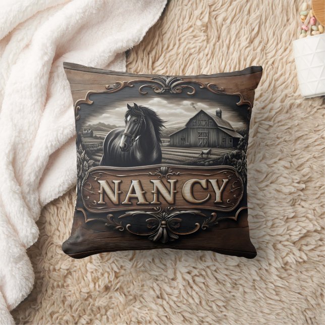 Horse and Barn Carving With Name on Wooden Sign Cushion (Blanket)