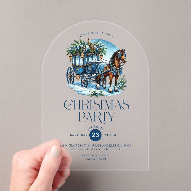 Horse and Carriage Blue Christmas Party Invite Acrylic Invitations (Insitu (Handheld))