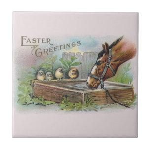 Horse and Chicks Vintage Easter Ceramic Tile