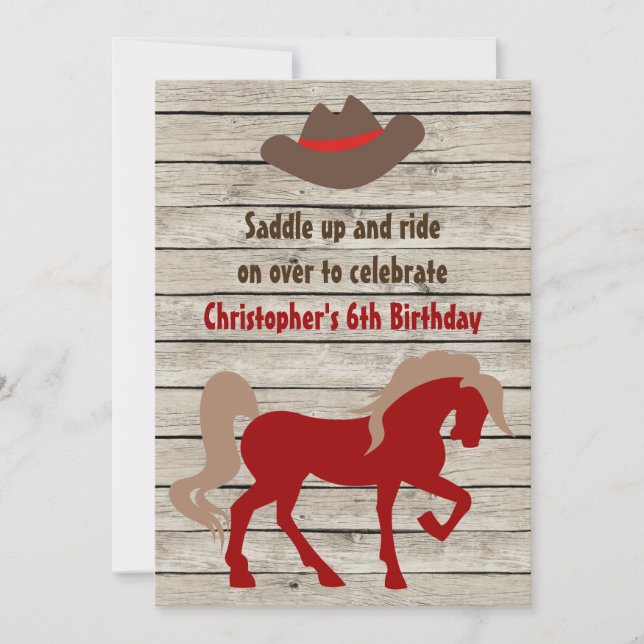 Horse and Cowboy Hat Barn Wood Western Birthday Invitation (Front)
