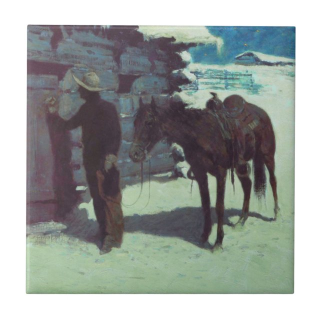 Horse and Cowboy Winter Snow Ceramic Tile (Front)