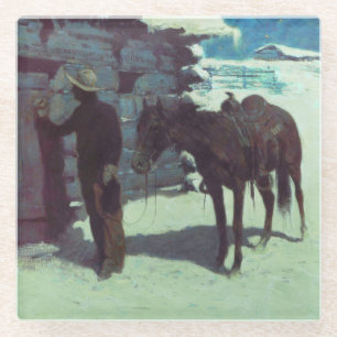 Horse and Cowboy Winter Snow Glass Coaster