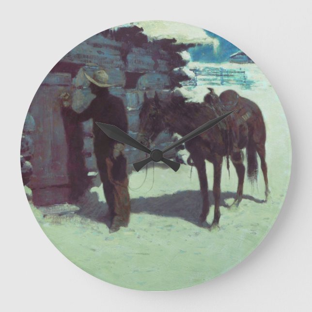 Horse and Cowboy Winter Snow Large Clock (Front)